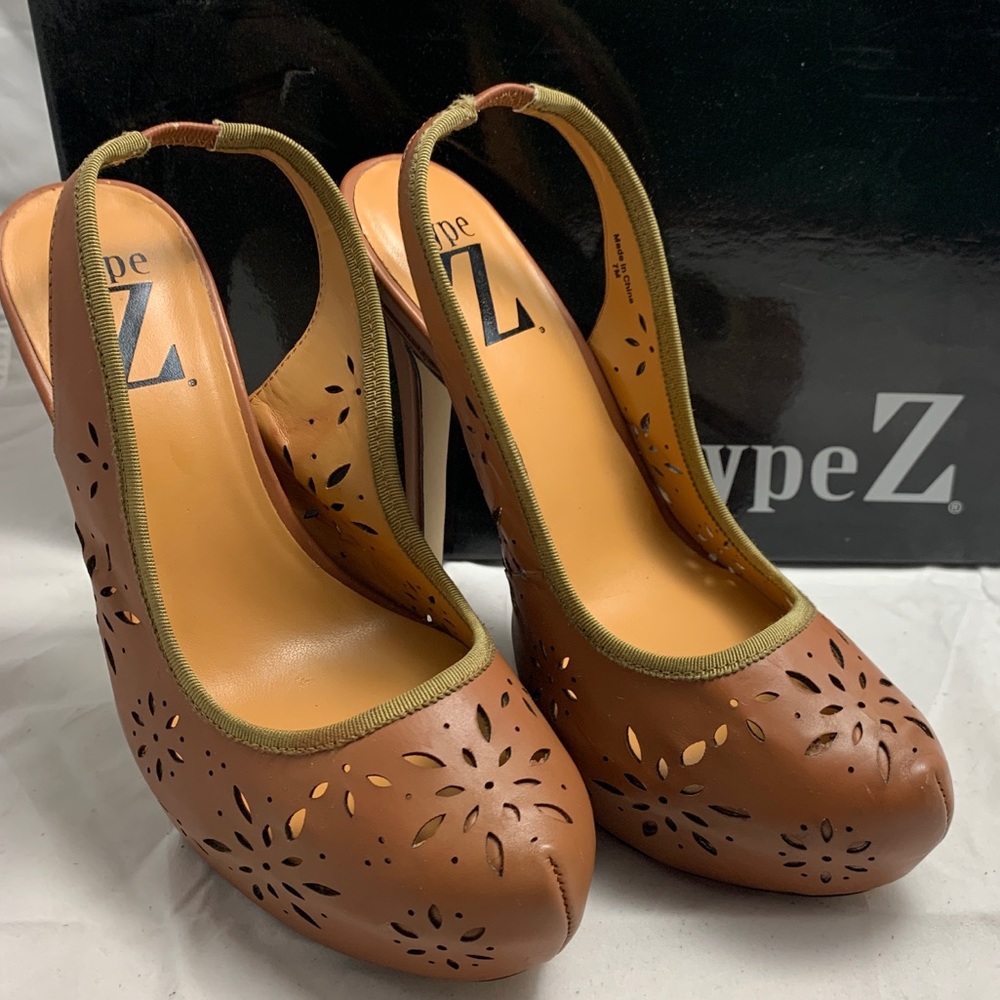 Type Z boho Odele cognac sling back platform heels